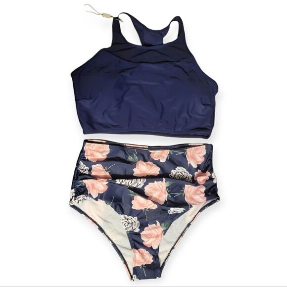 NWT High Waisted Swimsuits Mesh Sporty Tops Retro Swimwear Modest Racerback - Picture 4 of 5